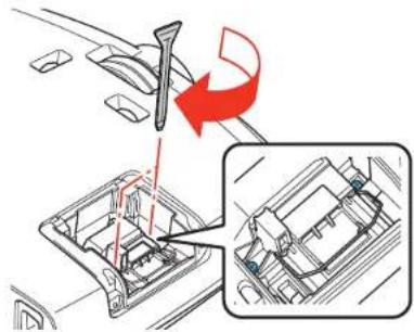 Diagram showing car intake mechanism with tool and component insertion, including a red arrow indicating rotation direction.