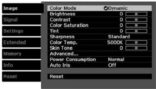 Image Signal Settings Extended Memory Info Reset Color Mode Dynamic Brightness 0 Contrast 0 Color Saturation 0 Tint 0 Sharpness Standard Color Temp. 5000K Skin Tone 0 Advanced... Power Consumption Normal Auto Iris Off Reset