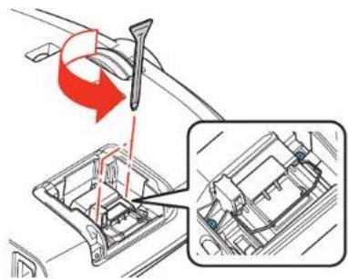 Technical diagram showing a hammer fastening a component with red motion arrows, alongside a close-up of the internal structure.