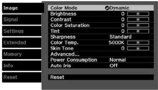 Image Signal Settings Extended Memory Info Reset Color Mode Dynamic Brightness 0 Contrast 0 Color Saturation 0 Tint 0 Sharpness Standard Color Temp. 5000K Skin Tone 0 Advanced... Power Consumption Normal Auto Iris Off Reset