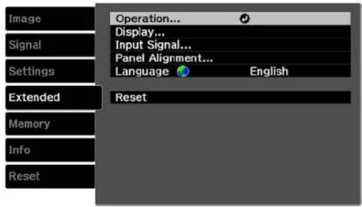 Image Signal Settings Extended Memory Info Reset Operation... Display... Input Signal... Panel Alignment... Language English Reset