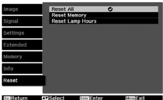 Image Signal Settings Extended Memory Info Reset Reset All Reset Memory Reset Lamp Hours Exit Return Select Enter Enter Mend Exit