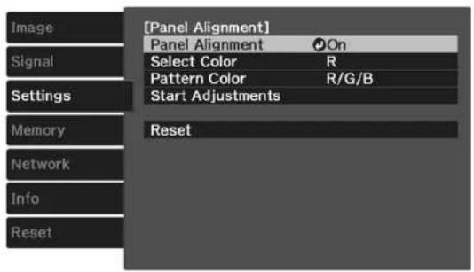 [Panel Alignment] Panel Alignment On Select Color R Pattern Color R/G/B Start Adjustments Reset Image Signal Settings Memory Network Info Reset