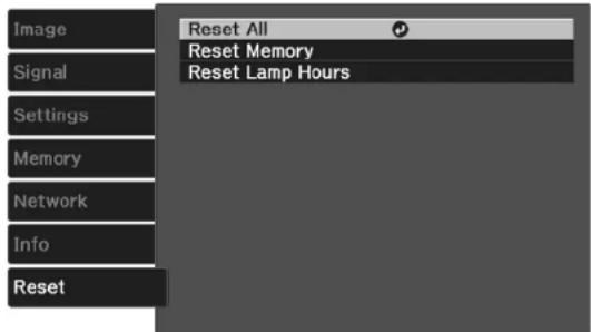Image Signal Settings Memory Network Info Reset Reset All Reset Memory Reset Lamp Hours