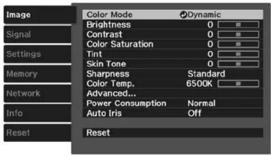 Image Signal Settings Memory Network Info Reset Color Mode Dynamic Brightness 0 Contrast 0 Color Saturation 0 Tint 0 Skin Tone 0 Sharpness Standard Color Temp. 6500K Advanced... Power Consumption Normal Auto Iris Off Reset