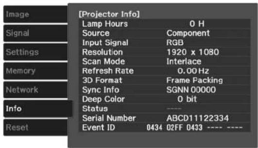 [Projector Info] Lamp Hours 0 H Source Component Input Signal RGB Resolution 1920 x 1080 Scan Mode Interlace Refresh Rate 0.00 Hz 3D Format Frame Packing Sync Info SGNN 00000 Deep Color 0 bit Status Serial Number ABCD11122334 Event ID 0434 02FF 0433 ---- ---- Reset