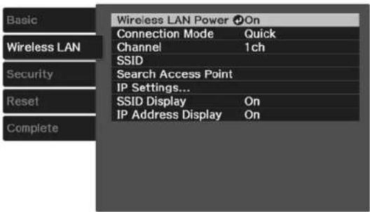 Basic Wireless LAN Power On Connection Mode Quick Channel 1ch SSID Search Access Point IP Settings... SSID Display On IP Address Display On