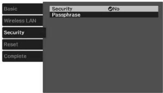 Basic Wireless LAN Security Reset Complete Security No Passphrase