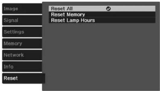 Image Signal Settings Memory Network Info Reset Reset All Reset Memory Reset Lamp Hours