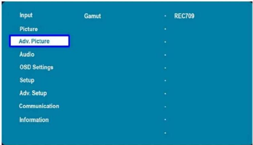Input Gamut REC709 Picture Adv. Picture Audio OSD Settings Setup Adv. Setup Communication Information -