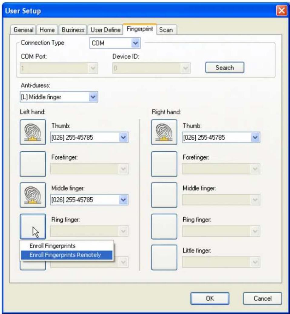 User Setup General Home Business User Define Fingerprint Scan Connection Type COM COM Port: Device ID: 1 0 Search Anti-duress: [L] Middle finger Left hand: Thumb: [026] 255-45785 Forefinger: Middle finger: [026] 255-45785 Ring finger: Enroll Fingerprints Enroll Fingerprints Remotely Right hand: Thumb: [026] 255-45785 Forefinger: Middle finger: Ring finger: Little finger: OK Cancel