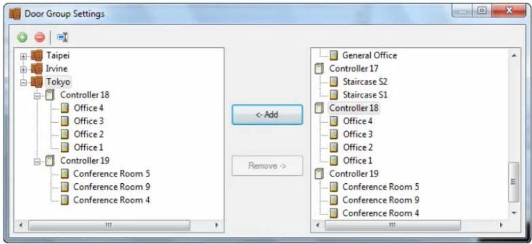 Door Group Settings Taipei Irvine Tokyo Controller 18 Office 4 Office 3 Office 2 Office 1 Controller 19 Conference Room 5 Conference Room 9 Conference Room 4 <- Add Remove >