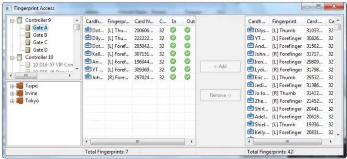 Fingerprint Access Controller 9 Gate A Gate B Gate C Gate D Controller 10 10 D16-57 VIP Con 10 D16-16 Door L Taipei Irvine Tokyo Cardh... Fingerpr... Card N... C... In Out Dot... [L] Thu... 200606... 32 ✓ ✓ Dily... [L] Thu... 222222... 32 ✓ ✓ Dot... [L] Foref... 205042... 32 ✓ ✓ Kell... [L] Foref... 307151... 32 ✓ ✓ An... [L] Foref... 196044... 32 ✓ ✓ YT ... [L] Foref... 309369... 32 ✓ ✓ Joh... [R] Fore... 297024... 32 ✓ ✓ < Add Remove -> Total Fingerprints: 7 Total Fingerprints: 42