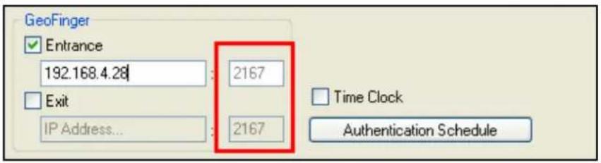 GeoFinger Entrance 192.168.4.28 Exit IP Address... 2167 2167 Time Clock Authentication Schedule