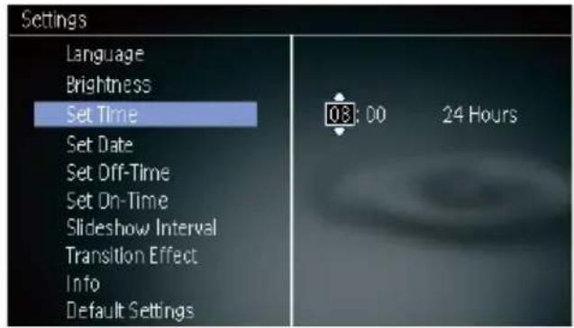 Settings Language Brightness Set Time Set Date Set Off-Time Set On-Time Slideshow Interval Transition Effect Info Default Settings 08: 00 24 Hours