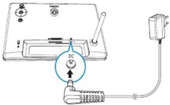 Diagram showing a device with a DC power switch connected to a plug, indicating AC status.