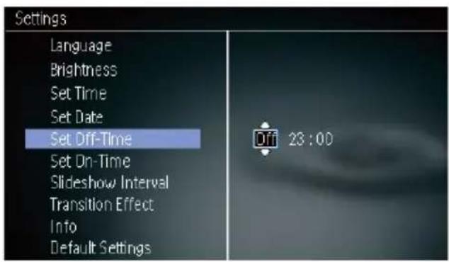 Settings Language Brightness Set Time Set Date Set Off-Time Set On-Time Slideshow Interval Transition Effect Info Default Settings Offi 23:00