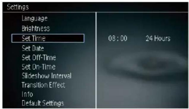 Settings Language Brightness Set Time Set Date Set Off-Time Set On-Time Slideshow Interval Transition Effect Info Default Settings 08:00 24 Hours