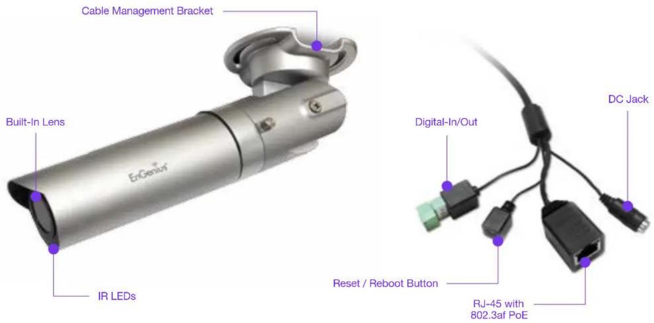 Cable Management Bracket Built-In Lens IR LEDs Digital-In/Out Reset / Reboot Button DC Jack RJ-45 with 802.3af PoE