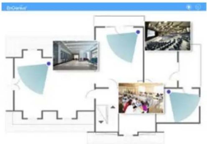 Diagram showing layout of building interior with labeled photos and structural elements
