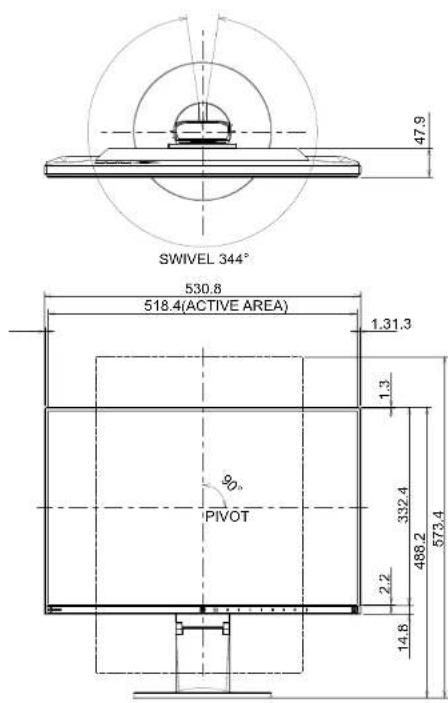 SWIVEL 344° 530.8 518.4(ACTIVE AREA) 1.31.3 90° PIVOT 2.2 14.8 47.9 1.3 332.4 486.2 573.4
