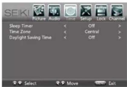 SEIKI Picture Audio Time Setup Lock Channel Sleep Timer < Off > Time Zone < Central > Daylight Saving Time < Off >