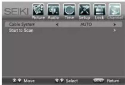 SEIKI Picture Audio Time Setup Lock Channel Cable System Start to Scan AUTO Move Select Mend Return