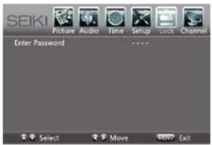 SEIKI Picture Audio Time Setup Lock Channel Enter Password ...... Select Move Window Exit