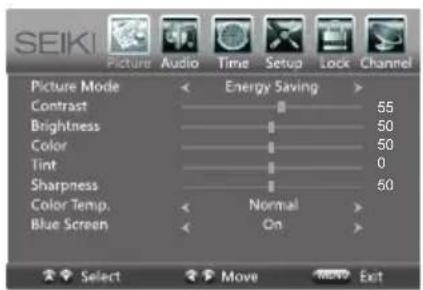 SEIKI Picture Mode < Energy Saving > Contrast 55 Brightness 50 Color 50 Tint 0 Sharpness 50 Color Temp. < Normal > Blue Screen < On >