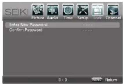 SEIKI Picture Audio Time Setup Lock Channel Enter New Password Confirm Password 0 - 9 HAND Return
