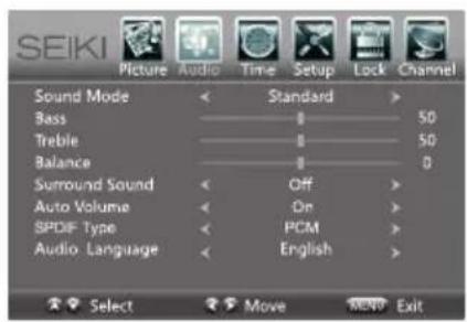 SEIKI Picture Audio Time Setup Lock Channel Sound Mode < Standard > Bass 50 Treble 50 Balance 0 Surround Sound < Off > Auto Volume < On > SPDXF Type < PCM > Audio Language < English > Select Move Exit