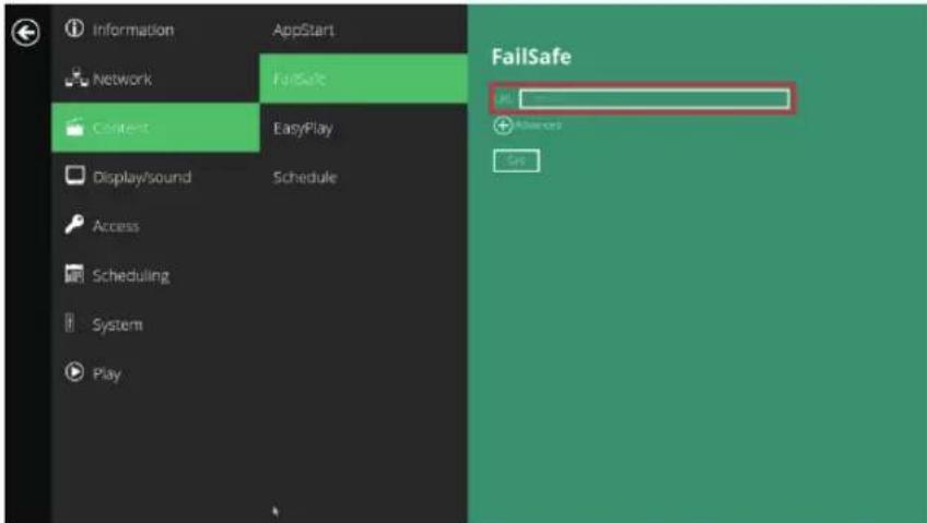 Information AppStart Network FailSafe Content EasyPlay Display/sound Schedule Access Scheduling System Play FailSafe OK Add Users Help