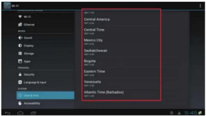 Wi-Fi Wi-Fi Ethernet Meves Sound Display Storage Apps PERSONAL Security Language & input SYSTEM Date & Time Accessibility Central America Central Time Mexico City Saskatchewan Bogota Eastern Time Venezuela Atlantic Time (Barbados)