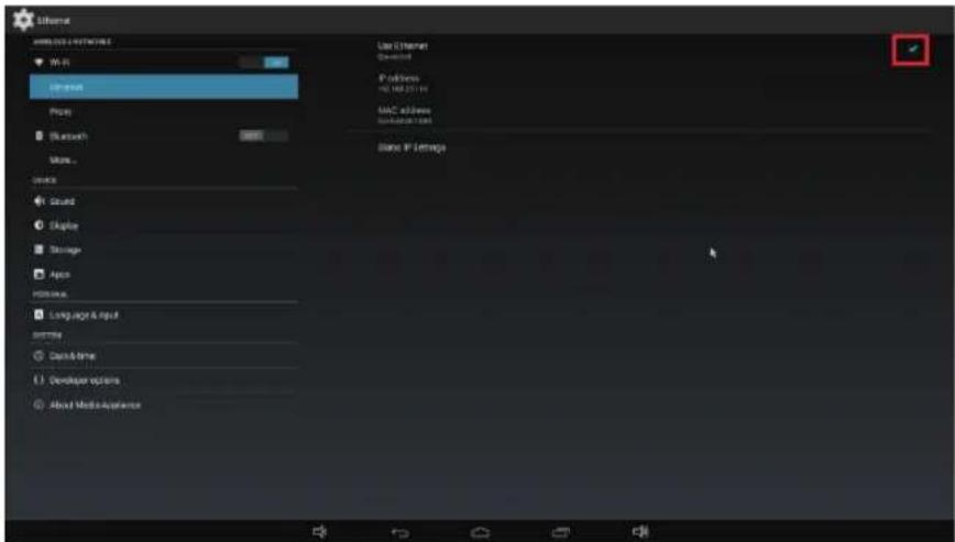 Internet Windows Internet Price Bluetooth More... Device Sound Collapse Storage App HDMI Language & input Setting Data&time Developer options About MediaAcqniverse Use Internet Connected P address 102.162.0116 MAC address Sustainable Data Base IP Settings