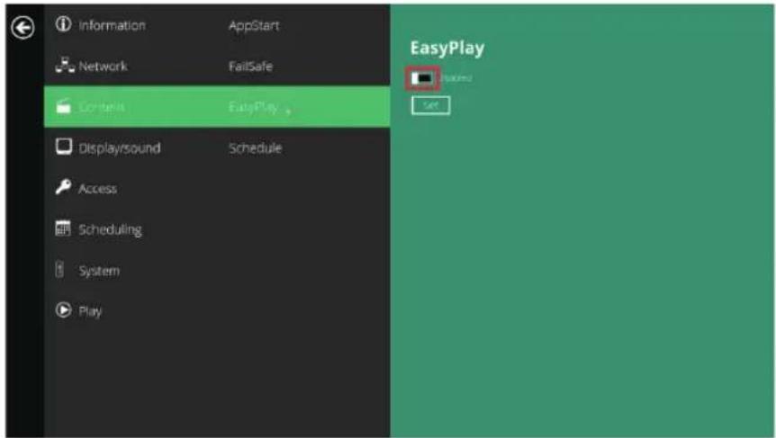 Information AppStart Network FailSafe Contains EasyPlay Displaysound Schedule Access Scheduling System Play EasyPlay Ready Set