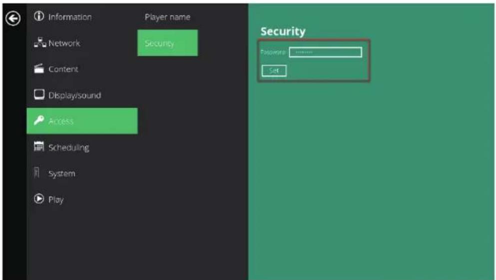 Information Player name Network Security Content Display/sound Access Scheduling System Play Security Followers Set
