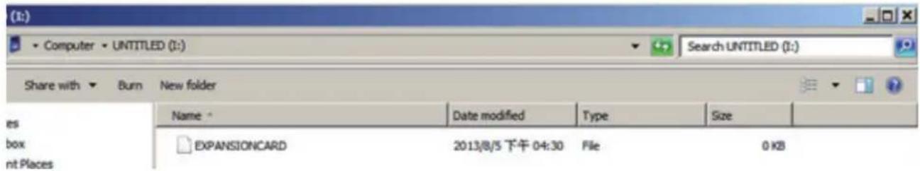 Computer - UNTITLED (1:) Share with Burn New folder Name: Date modified Type Size expansioncard 2013/8/5 下午 04:30 File 0 KB nt Places