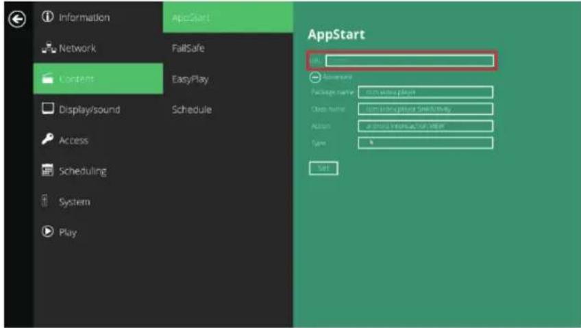 Information Network Content Display/sound Access Scheduling System Play AppStart Fail FailSafe EasyPlay Schedule AppStart Help Access Package name: 100% access point Class name: 100% access point defaultkey Action: 20% status key, type: Type: Set
