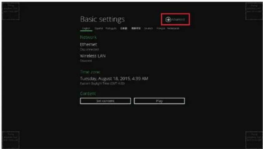 Basic settings Advanced Network Ethernet Disconnected Wireless LAN Observed Time zone Tuesday, August 18, 2015, 4:39 AM Eastero Daylight Time (GMT-4.00) Content Set content. Play