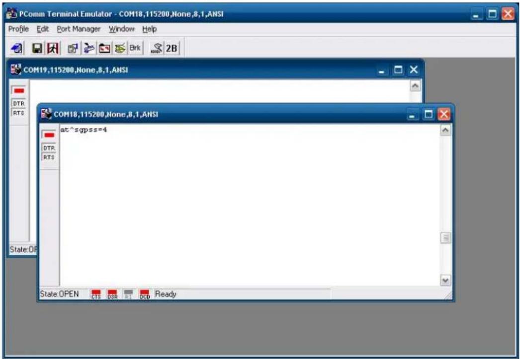 PComm Terminal Emulator - COM18,115200,None,8,1,ANSI Profile Edit Port Manager Window Help COM19,115200,None,8,1,ANSI DTR RTS COM18,115200,None,8,1,ANSI at^sgpss=4 State:OPEN CIS DSR R1 OCD Ready