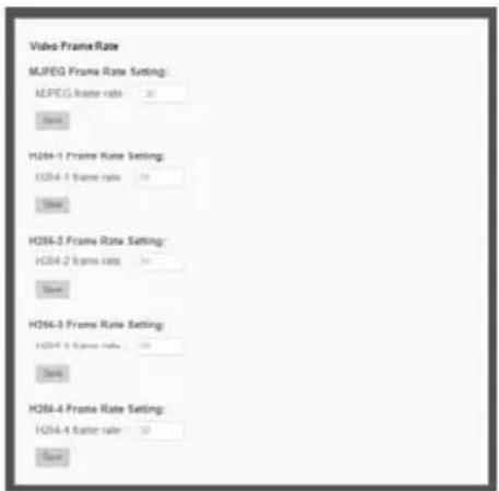 Video Frame Rate MUPEG Frame Rate Setting: H264-1 Frame Rate Setting: H264-1 Frame rate: 10 H264-2 Frame Rate Setting: H264-2 Frame rate: 10 H264-3 Frame Rate Setting: H264-3 Frame rate: 10 H264-4 Frame Rate Setting: H264-4 Frame rate: 10