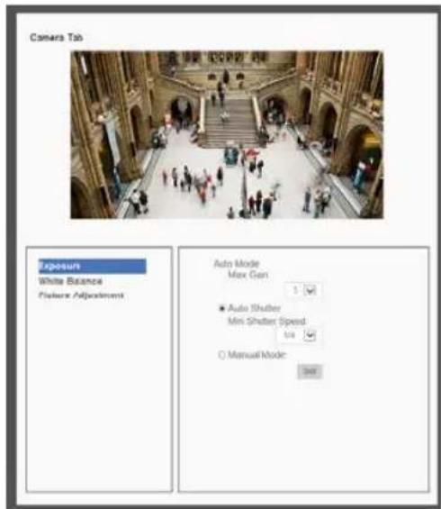 Camera Tab Exposure White Balance Feature Adjustments Auto Mode Max Gen 1 ■ Auto Shutter Min Shutter Speed tra ○ Manual Mode 3x8