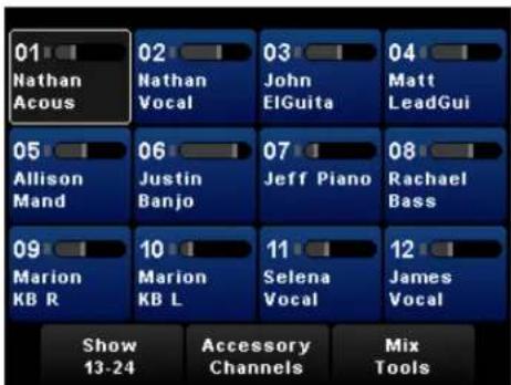 01 Nathan Acous 02 Nathan Vocal 03 John ElGuita 04 Matt LeadGui 05 Allison Mand 06 Justin Banjo 07 Jeff Piano 08 Rachael Bass 09 Marion KB R 10 Marion KB L 11 Selena Vocal 12 James Vocal Show 13-24 Accessory Channels Mix Tools