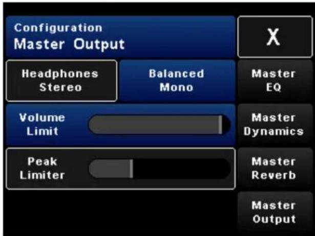Configuration Master Output Headphones Stereo Balanced Mono Master EQ Volume Limit Master Dynamics Peak Limiter Master Reverb Master Output