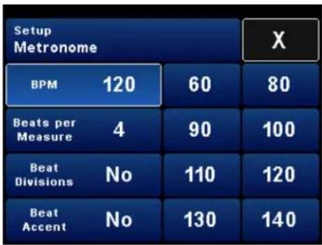 Setup Metronome BPM 120 60 80 Beats per Measure 4 90 100 Beat Divisions No 110 120 Beat Accent No 130 140 X