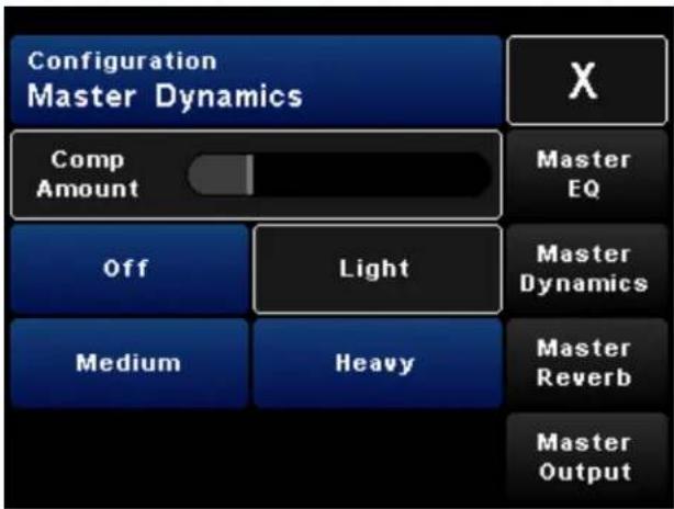 Configuration Master Dynamics Comp Amount Off Light Medium Heavy Master EQ Master Dynamics Master Reverb Master Output X