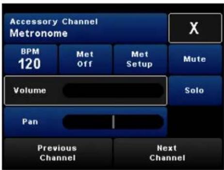 Accessory Channel Metronome BPM 120 Met Off Met Setup Mute Volume Solo Pan Previous Channel Next Channel