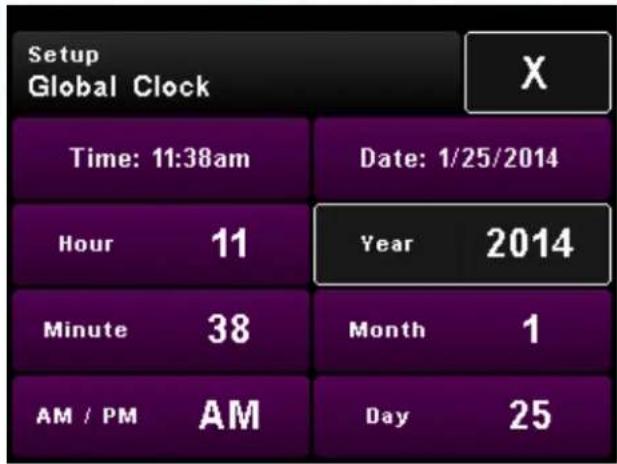 Setup Global Clock Time: 11:38am Date: 1/25/2014 Hour 11 Year 2014 Minute 38 Month 1 AM / PM AM Day 25 X