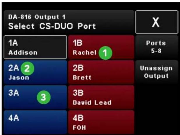 DA-816 Output 1 Select CS-DUO Port 1A Addison 2A Jason 3A 4A 1B Rachel 1 2B Brett 3B David Lead 4B FOH Ports 5-8 Unassign Output X