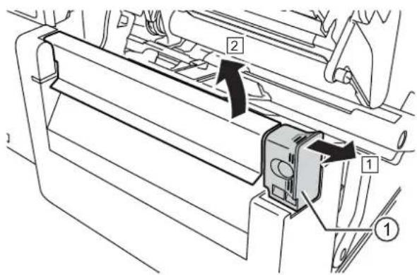 Technical diagram of a mechanical assembly with numbered components and directional arrows indicating motion or flow.